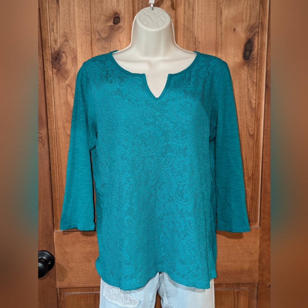 Liz Claiborne Teal Lace Front‎ Blouse